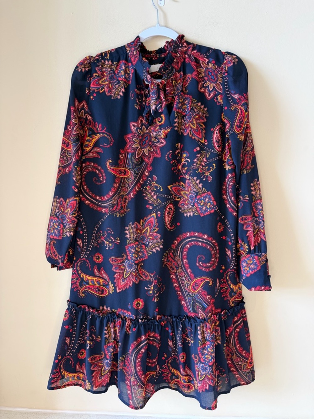 LOFT Navy Dress, long sleeve, with Orange and red Paisley Print